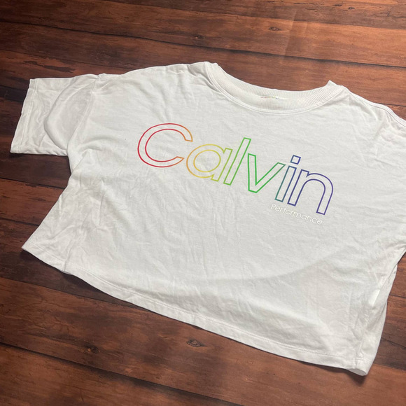 Calvin‎ Klein Performance Women's White Rainbow Logo Cropped Shirt Size S - Picture 1 of 6